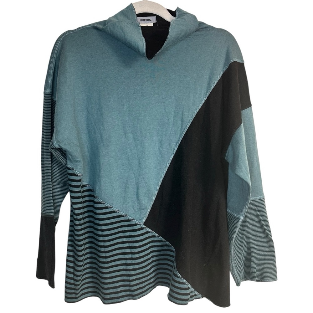 Iridium 100% Pima Cotton Mock Neck Asymmetrical Pattern Colorblock Top Medium